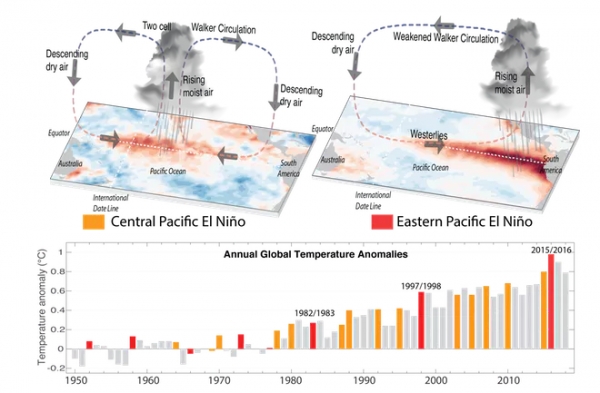 엘니뇨현상이 기후에 미치는 영향중부 태평양(왼)과 동부 태평양(오)에서 발생한 엘니뇨로 인한 지구 기온 이상(출처:NOAA-미국 해양대기청)