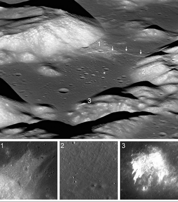 1972년 아폴로 17호 탐사에서 발견된 토러스 리트로우 계곡.사진상의 숫자가 단층운동으로 형성된 산사태 등의 흔적(출처:NASA)