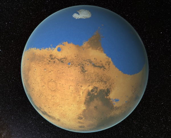 수십억 년 전 화성 북반구 대부분은 바다로 둘러싸여 있었을 것으로 추정된다.(출처:NASA / GSFC)