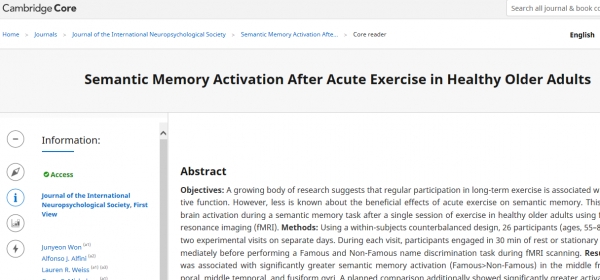 메릴랜드 대학 연구팀 연구논문(Semantic Memory Activation After Acute Exercise in Healthy Older Adults)
