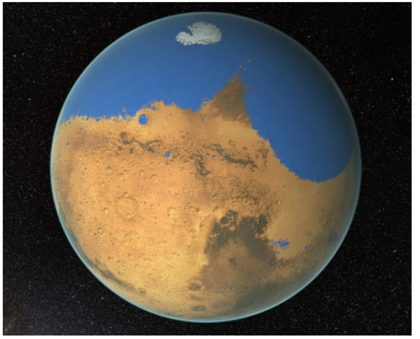 수십억 년 전 북반구 대부분이 바다로 둘러싸여 있었을 것으로 추정되고 있는 화성 상상도 ⓒ데일리포스트=이미지 제공/NASA