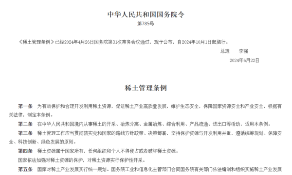 中 희토류 관리 조례 ⓒ데일리포스트=이미지 제공/중국 중앙정부 공식 웹사이트(www.gov.cn)