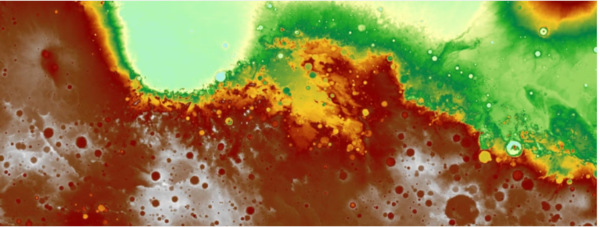 NASA의 Mars Global Surveyor 탐사선이 촬영한 화성 적도 인근 지형의 고도 지도.녹색과 황색은 상대적으로 낮은 지형, 붉은색과 갈색은 고지대를 의미하며, 고대 화성에서 물이 흐르며 지형을 형성했을 가능성을 보여준다. ⓒ데일리포스트=이미지 제공/NASA