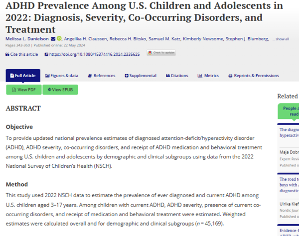 미국 아동 및 청소년의 ADHD 유병률(2022년 설문조사 데이터를 기반으로 ADHD 진단, 중증도, 동반 질환 및 치료 현황을 분석) ⓒ데일리포스트=이미지 제공/Journal of Clinical Child & Adolescent Psychology