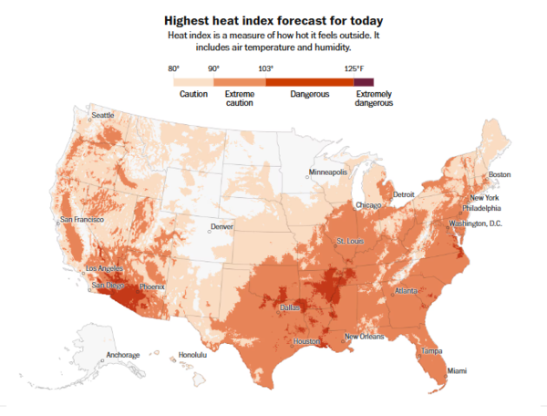  미국 전역 최고 열 지수(Heat Index)  예측 ⓒ데일리포스트=이미지 제공/National Weather Service