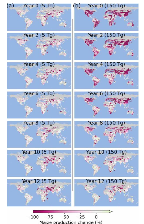 핵겨울 강도·지역·연도별 옥수수 생산 변화율 추정 ⓒ데일리포스트=이미지 제공/Environmental Research Letters(2025)