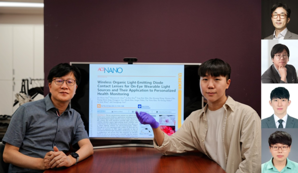 OLED 컨택트렌즈 논문 배경으로 찍은 주요저자. (왼쪽)유승협 교수, 심지훈 박사 (증명사진 위에서부터) 우세준 교수, 한세광 교수, 김수본 박사, 채현욱 박사. ⓒ데일리포스트=이미지 제공/KAIST