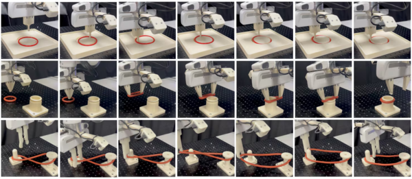 KAIST 박대형 전산학과 교수팀이 개발한 로봇 팔의 모습. 고무링을 홈에 정확히 끼우거나, 꼬인 고무줄도 풀어낼 수 있다. AI학습을 통해 고무줄이나 옷처럼 움직이면 모양이 변하는 물체의 생김새도 로봇이 파악할 수 있게된 것이다.  ⓒ데일리포스트=이미지 제공/KAIST