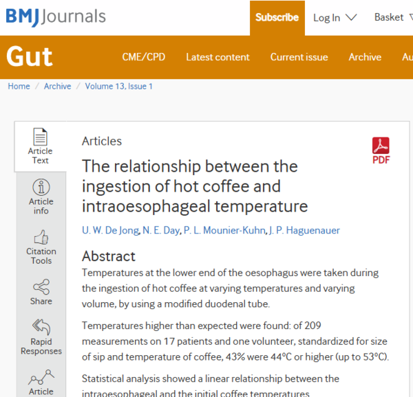 뜨거운 커피 섭취 시 식도 내부 온도가 최대 53도까지 상승하는 것으로 나타났다.  ⓒ데일리포스트=이미지 제공/BMJ Journals/Gut