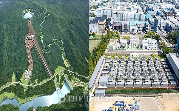 홍천 양수발전소 1-2호기 조감도(사진 좌측)-안산단원 1단계 연료전지 발전사업 현장 전경(사진 우측) / 대우건설 제공