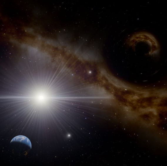 블랙홀 폭발로 발생한 중성미자 KM3-230213A를 상상한 삽화 ⓒ데일리포스트=이미지 제공/Toby Gleason-Kaiser, SpaceEngine