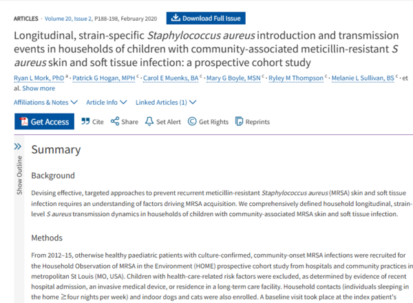 포도상구균(MRSA)에 감염된 아동이 있는 가정 150가구를 12개월간 추적 관찰한 연구 결과를 담은 논문. ⓒ데일리포스트=이미지 제공/The Lancet Infectious Diseases, 2020