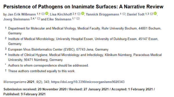 세균과 바이러스가 무생물 표면에서 얼마나 오래 생존하는지를 정리한 논문 ⓒ데일리포스트=이미지 제공/Microorganisms, 2021