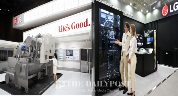 (사진 좌측) LG전자의 공간 맞춤형 토털 HVAC 설루션 신냉매 무급유 터보 히트펌프-(사진 우측) LG전자 HVAC 기술력을 토대로 공개한 데이터센터 열관리 설루션인 고효율 액체냉각 설루션(CDU)